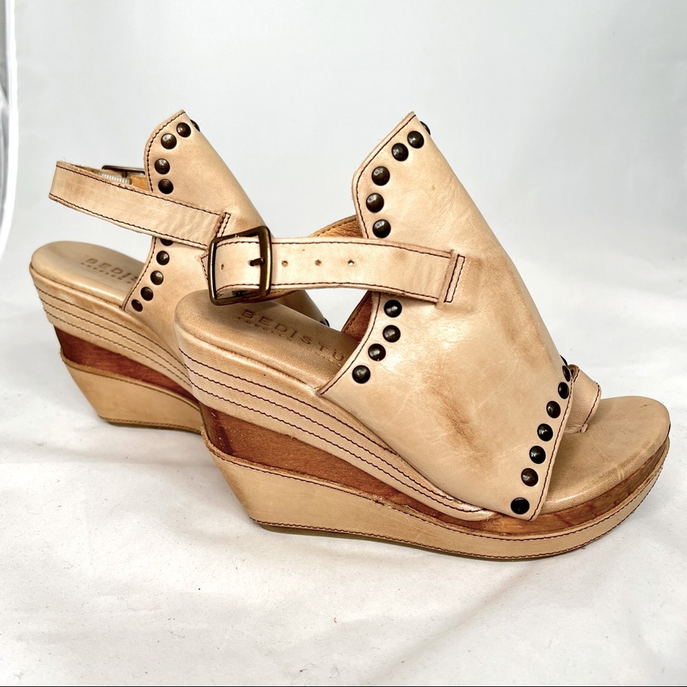 Bed Stu Studded Burnished Leather Tan Platform Sandals Size 7.5